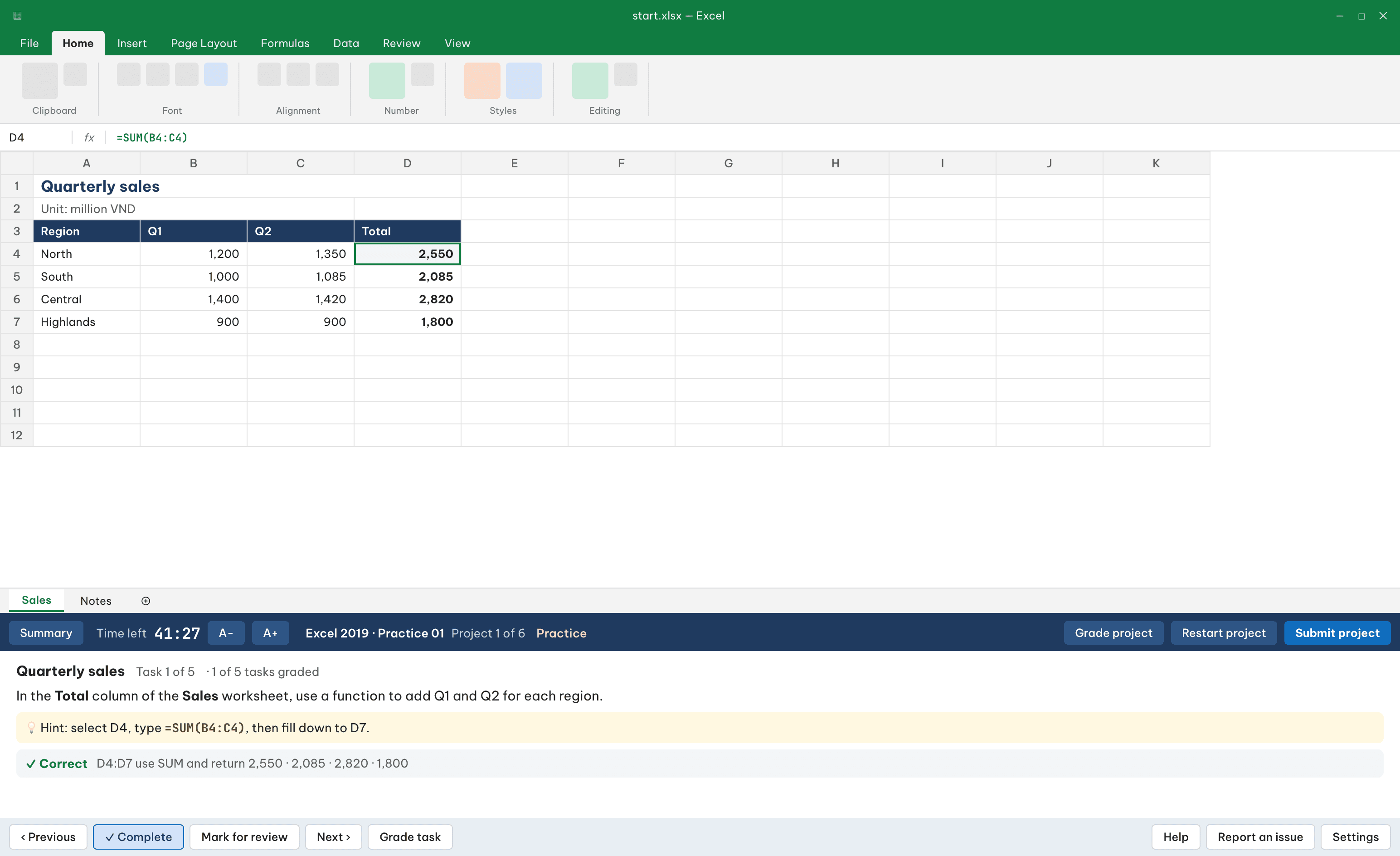 Practice mode: Excel open, the task panel showing a task, a hint and a correct result