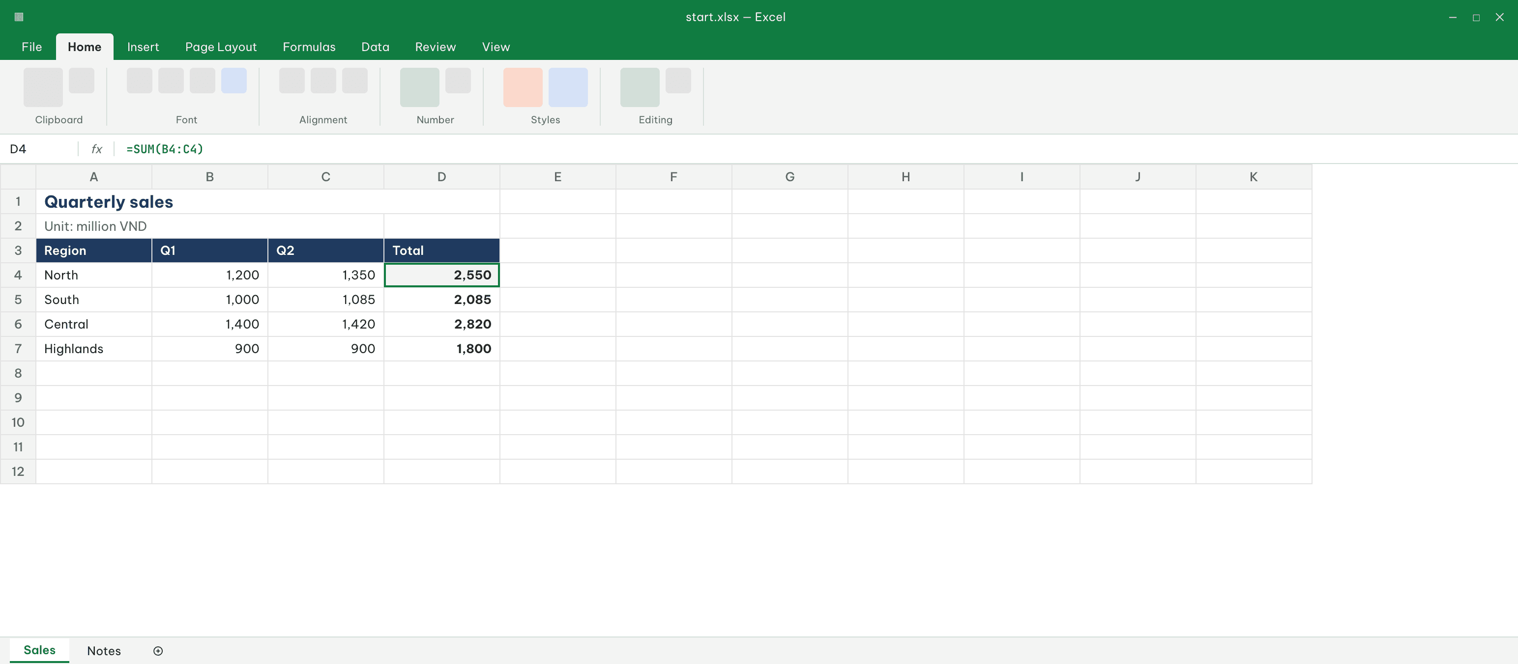 An Excel window with a practice exam open: quarterly sales for four regions