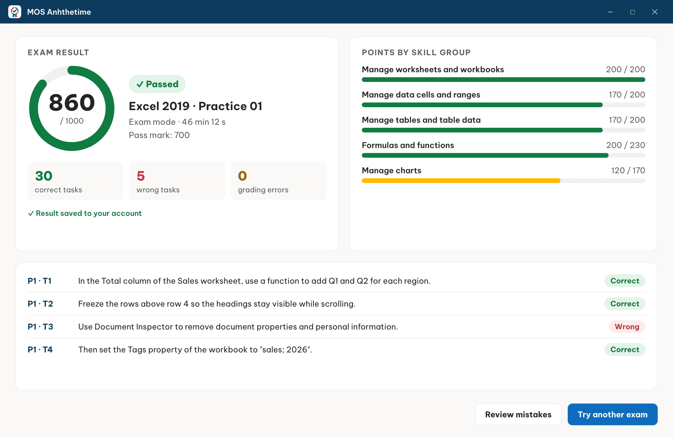 Result screen: 860/1000, passed, points by skill group